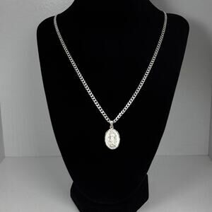 Sterling Silver Virgin Mary Pendant Necklace 23 Inch Curb Chain 10g Guadalupe